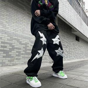 Mens Jeans Y2K Hiphop Street Lightning Fivepointed Star Patch Loose Wide Leg Fashion European Style 230419