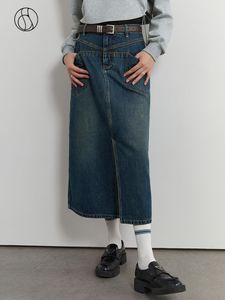 Kjolar dushu denim kjol kvinnor hög midja långa a-line kjolar kontor lady front spillt retro denim blå jean kjol för kvinnor 230418