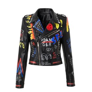 Jaquetas de couro pu femininas graffiti floral carta impressão punk motocicleta motociclista zip rebite cintura casacos femininos cor contraste outerwear 1687