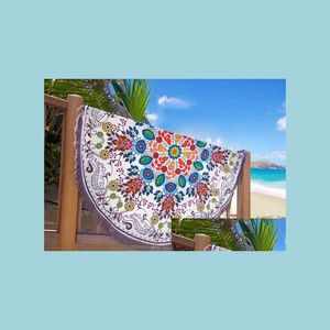 Towel Round Beach Sarong Bath Towels Party Christmas Decorations Cotton Printed Table Cloth Vintage Yoga Picnic Mat Wall Dro Dhahy