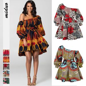 Ethnic Clothing African Dress Women European American Sexy Slanted Shoulder Elastic Shrink Dress Summer Bohemia Flower Print Two Wear 230419