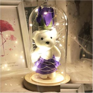 Bomboniera Orso Cub Rose Glass Er Compleanno Simation Ornamenti floreali Led Light Valentine Day Gift Compleanni Decorazione 27 5 Dhksp