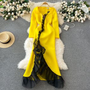 Basic Casual Kleider elegante Frauenkleiderkontrastfarbe Farbe Rüschen Patchwork High Taille A-Line Kleider Winter Frühling 2024 Neu