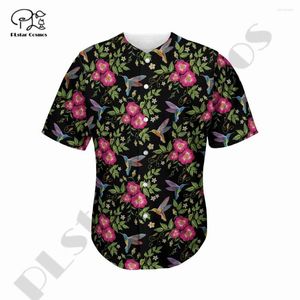 Mäns casual skjortor est 3dprinted blommor frangipani mönster konst baseball tröja skjorta unikt unisex rolig sport sommar streewear style-1