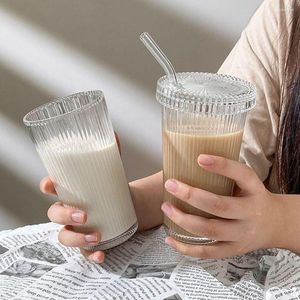 Bicchieri da vino 375 ml di alta qualità trasparente con coperchio e cannuccia tazza da tè in vetro a strisce tazza da caffè al latte