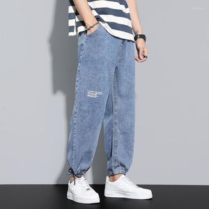 Herren Jeans Dybzacq Männer lose gerade Beinhosen Baumwoll lässige elastische Hose Mund Kpop Kleidung Hip Hop Blau Binden breite Hose