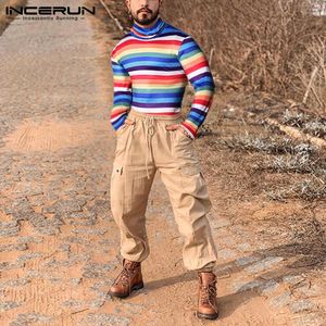 Men's T Shirts Fashion Colorful Striped Romper Tees INCERUN Long Sleeve Turtleneck Bodysuit T-Shirts Man Fitness Sexy Jumpsuit S-5XL