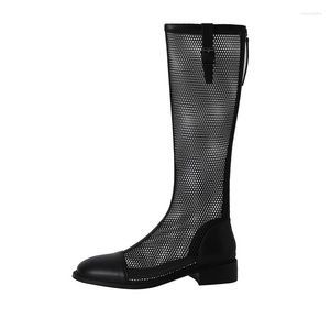 Sandaler Fashion Kne-Längd Boots Women Summer äkta läder Sexig svart netto rund tå platt häl