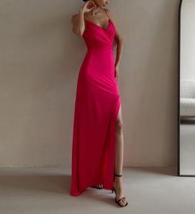 Abiti casual per le donne 2023 Summer Spaghetti Strap Gonna lunga rossa Scollo a V Sexy Fessura alta Stretto Stretch Silk Face Elegante abito da ballo