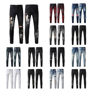 Jeans viola jeans firmati per pantaloni da uomo jeans impilati uomo larghi denim strappi europeo jean hombre pantaloni da uomo pantaloni biker ricami strappati per la tendenza 24 stili