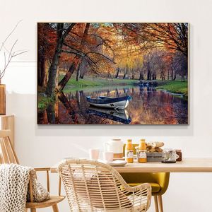 Pintura de lona pintando a floresta abstrata azul com barco branco no rio Posters de paisagem moderna e impressões de arte de parede para decoração de casa