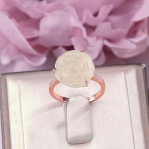 Anelli a grappolo Gioielleria raffinata per le donne Argento 925 Prehnite 14 14mm Gemma naturale Fiore rosa Anello placcato oro 18 carati R-PR015