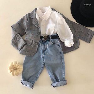 Roupas conjuntos de moda menina menino Roupas de outono de manga comprida botão de botão casual camisa branca e calça jeans