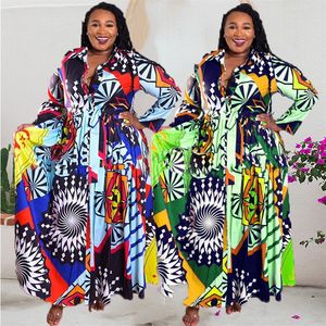 Loose Ethnic Style African Women Printing Maxi Dresses plus size XL-5XL Swing Dress with Pocket Belt Long Sleeve shirt Dress275t