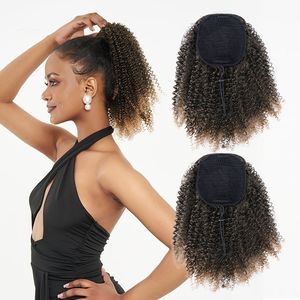 Synthetische Pferdeschwanz-Verlängerung mit Kordelzug für Frauen, 35,6 cm, kurze, verworrene, lockige Afro-Haarteile, hitzebeständig, künstlicher Pferdeschwanz