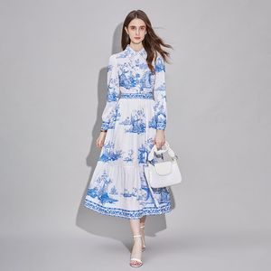 Basic Casual Dresses Women Blue Floral Vintage Midi Dress Long Sleeve Spring Autumn Label Formal Casul Elegant Party Birthday Runway Vestidos 2024