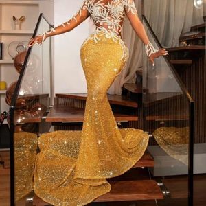 Gold Sequined Applique Evening Dress Luxury Sexy Prom Party Celebrity Dresses For Women Ladies Custom Size Gown Robe Gala