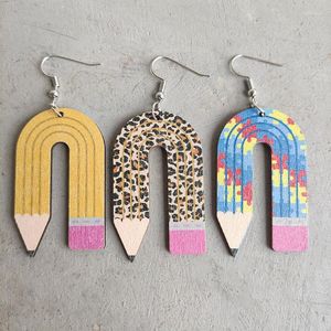 Dangle Earrings Wooden Teaching Pencil Leopard Print Puzzle Learning Utensils Creative Teacher Student Jewelry Gift Boucle Oreille Femm