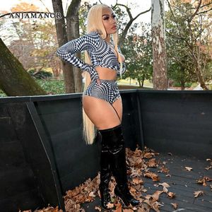 Женские спортивные костюмы Anjamanor Sexy Baddie Two Piece Set Night Club Outfit Fashion Print с длинным рукавом и шорты Новые в подходящих наборах D85BI19 P230419