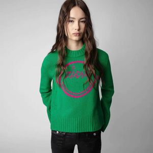 Autumn and Winter 23 New French Liten Crowd Zadig Voltaire Women's Sweaters Ler Face Letter Hanging Wool Green Wool tröja Kvinntröja