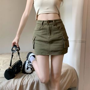 Etekler düz yaz kadınlar etek skirt seksi yüksek bel büyük cepler kargo mini etek harajuku y2k giyim sokak giysisi vücutdaş slim 230419