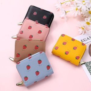 Plånböcker kvinnor söt tecknad jordgubbe plånbok liten blixtlås varumärke designad pu läder mynt handväska kvinnlig korthållare