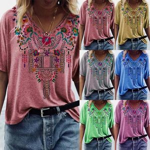 Women's T Shirts Women's Spring And Summer Printing Ethnic Style V-neck Short Sleeve T-shirt Fashion Casual Loose Tops Female Lady