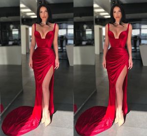 Red Mermaid Sexy Prom Dresses For Women Spaghetti Veet Satin High Side Split Pleats Draped Special Ocn Formal Evening Party Pageant Gowns Custom mal