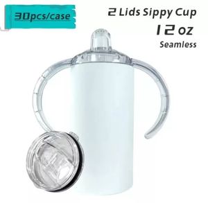 США склад! Сублимация на 12 унций Прямая чашка Spipy Cup Subliamtion Baby Cup Kids Tumbler Tumbler из нержавеющей стали с ручкой чашка для присоски две крышки !!!