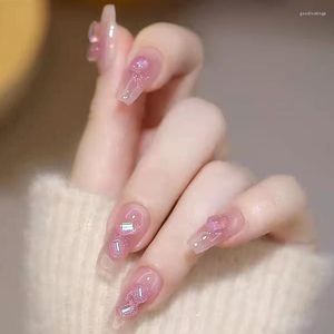 False Nails 24 Pcs/box Exquisite Manicure With Diamond Pattern Fake Glue Pink Wearable Wearing Tools