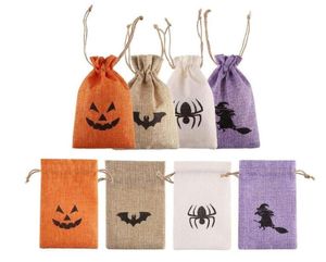 Sacos de serapilheira cordões de juta bolsa de doces embrulho de presente saco de tratamento de Halloween com designs diferentes decoração de festa colorido2517522