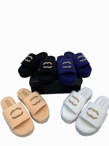 High Quality New Platform Women Slippers Design Slides Fashion Letters Open Toes Ladies Shoes Metal clasp diamonds Casual Slipper Indoor Terry cloth lazy slippers