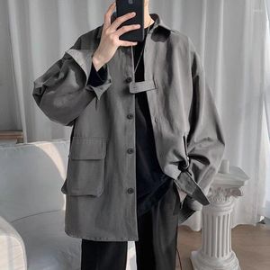 Mäns avslappnade skjortor långärmade män harajuku svart skjorta koreansk stil singel breasted streetwear vänd ner nacken homme 3xl