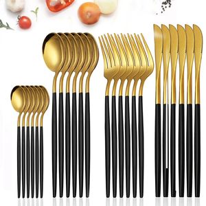 Scatole portaoggetti Contenitori 24 pezzi Set di stoviglie in acciaio inossidabile Posate in oro nero Cucchiaio Forchetta Coltello Coltelli occidentali Argenteria Posate Stoviglie Forniture 231118