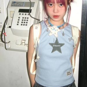 Kvinnors T -shirt Kawaii Bordir Tulang Rusuk Panel Bintang Skinny Dipotong Selempang Wanita Atasan Musim Panas Estetika Coquette Y2K Harajuku E Girl Tank Korset 230418