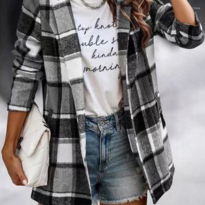 Women's Jackets H9ED Women Casual Faux Woolen Plaid Notched Lapel Collar Jacket Long Sleeve Open Front Cardigan Winter Loose Outerwear Coat