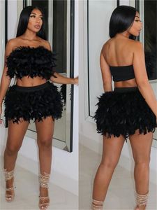 Vestido de duas peças habbris outono sexy penas 2 sets de time de clube para mulheres tampo de colheita sem alças e saia feminina correspondente 230419