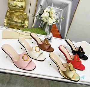Slide Sandal Women Designer High Cheels Real Leather Gold Gold Wedding Party Lady Sexy Secoral High Conded Size 35-43