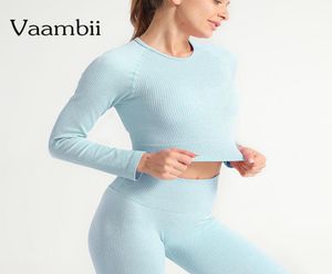 Geripptes Farbic Crop Top Workout Flexible Fourway Knit Yoga Tops Nahtlose athletische Damen Langarm Sport Tops Gym3441276