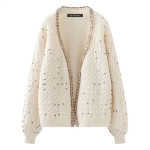 Suéteres femininos Beading Jacquard Knit Cardigan Sweater Mulheres Doce Básico Tops Outono Manga Longa Com Decote Em V Elegante Moda Senhoras Jumper 231118