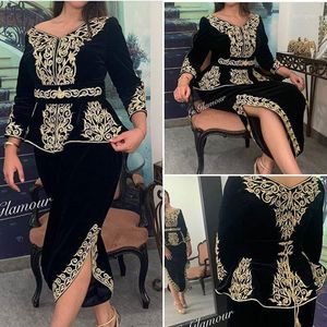 파티 드레스 검은 발목 길이 무도 2023 골드 레이스 자수 긴 슬리브 PEPLUM 하이 슬릿 이브닝 드레스 Karakou Algerien