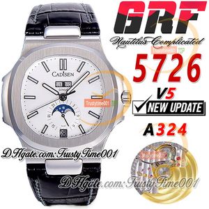 GRF V5 Complicated Annual Calendar 5726 A324 Automatic Mens Watch Moon Phase White Dial Stick Markers Steel Case Leather Strap Super Edition trustytime001Watches