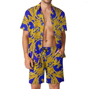 Herren Trainingsanzüge Barock Blumen Herren Sets Blau und Gold Freizeithemd Set Trendige Strandshorts Sommer Custom Suit Zweiteilige Kleidung Große Größe