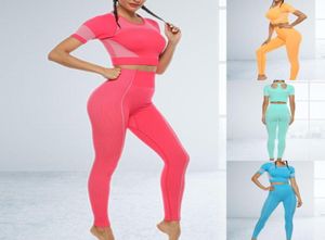 Spring Ladies Yoga Zestaw bezproblemowy ubrania fitness krótkie rękawie Top Slim Hip Leggins