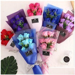 Decorative Flowers Wreaths 7 Red Rose Simation Flower Valentines Day Manual Artificial Mti Color Soap Small Bouquet Gifts Packing Dhr9J
