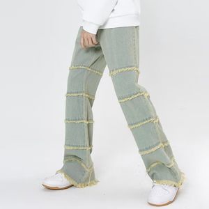 Erkekler 2023 moda yıpranmış püskül yıkanmış mavi bol erkek pantolon düz hip hop vintage gotik denim pantolon vetement homme 230419