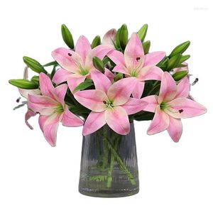 Decorative Flowers 5 Branches Artificial Pink Lily Wedding Party Bouquet DIY Simulation Basket Plants