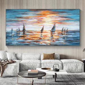 Segelbåtoljemålning tryckt på duk väggkonst för vardagsrum modern heminredning solnedgång havslandskap målning färgglad5367446