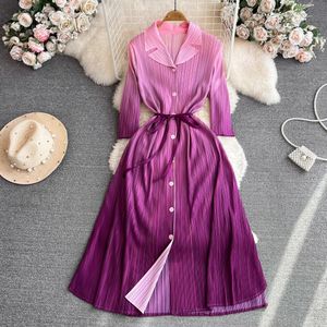 Basic Casual Dresses Pleated Spring Autumn Shirt Dresses New Fashion Women Notched Collar Single Breasted Purple Gradient Split Midi Clothes 2024