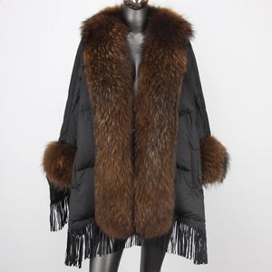 Delle donne Imbottiture Parka 2023 di Inverno Anatra Giacca da Donna Bianco Poncho Sciolto di Lusso Grande Collo di Pelliccia di Procione Naturale Caldo Streetwear 231118